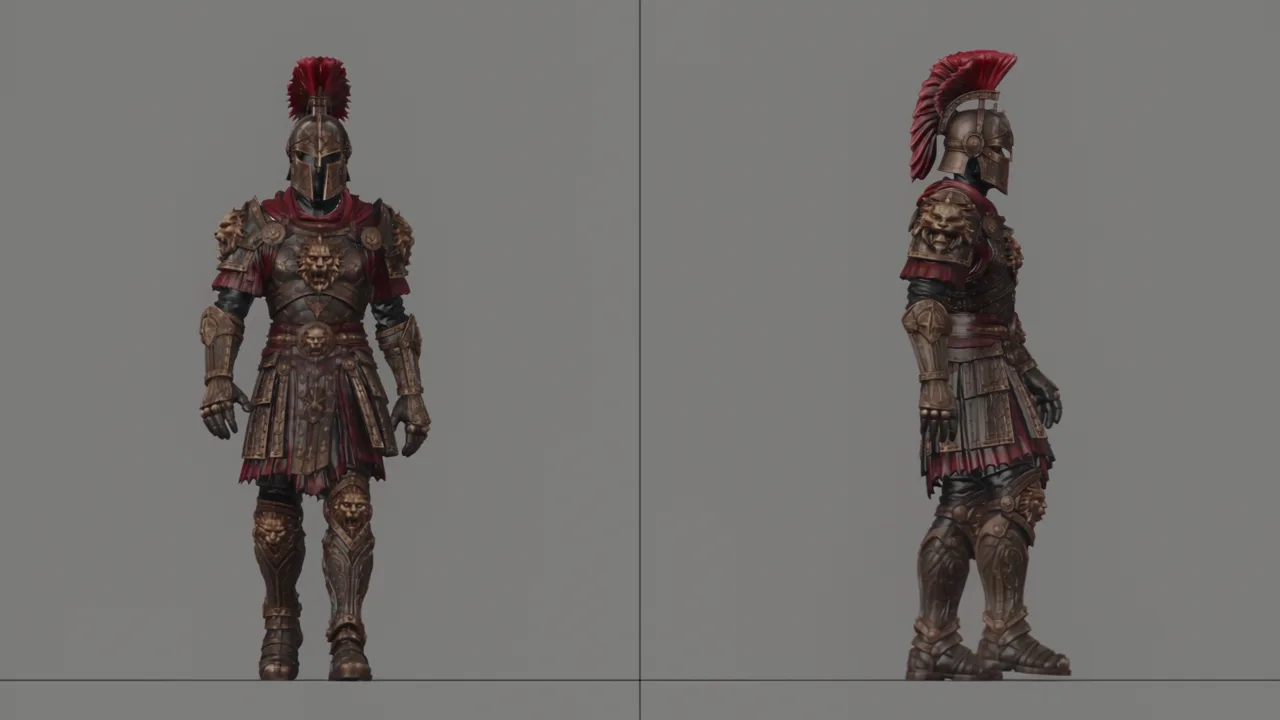 Split-screen frame: the warrior from the front and from the side